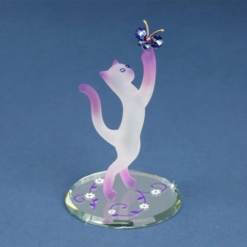 Frosted White And Pink Princess Cat With Crystal Butterfly Glass Figurine -Hot Sale Toy Store L0104