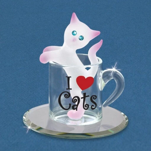 I Love Cats Frosted Kitty In A Cup With Blue Crystals Glass Figurine -Hot Sale Toy Store S2 418