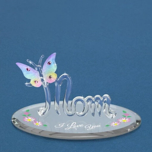 I Love You, Mom With Rainbow Butterfly And Pink Crystals Glass Figurine -Hot Sale Toy Store S2 750 MC